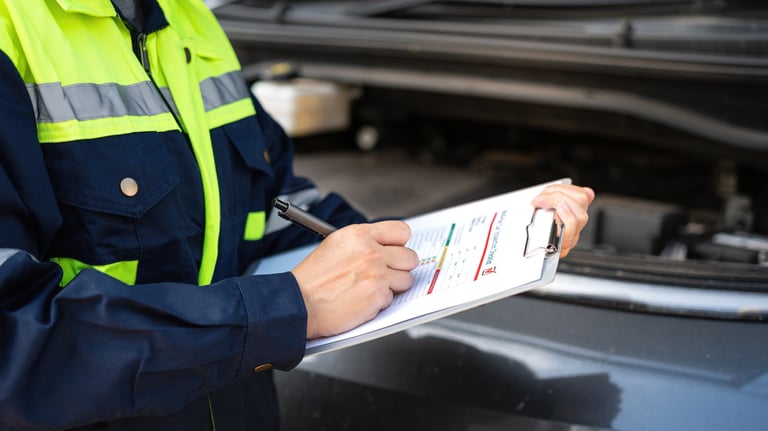 A technician is checking on car inspection checklist form to verify the safety condition after serviced