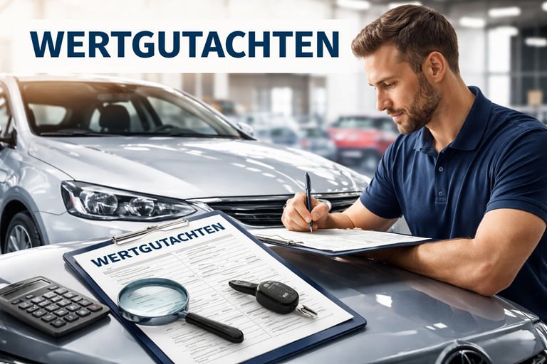 Man writing on vehicle valuation form with car, magnifying glass, and calculator in dealership